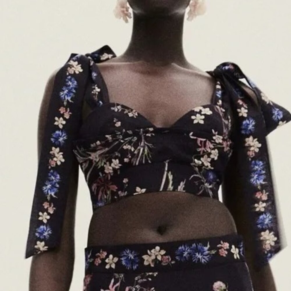 🪻H&M Tie-Strap Crop Top Floral Flowers Black Ribbon Tie Extra Small XS
